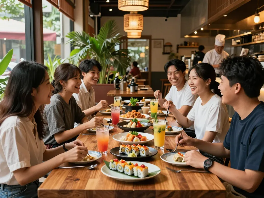 Friends enjoying delicious Asian fusion cuisine at RED88 restaurant, vibrant dishes and cocktails create an inviting atmosphere.