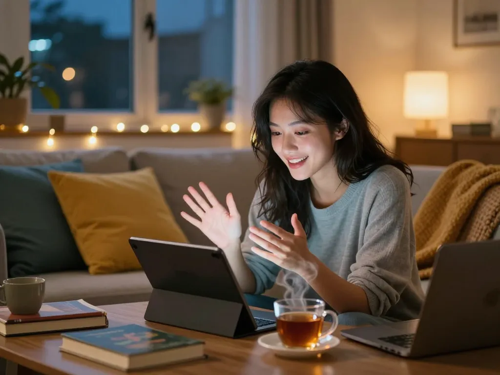 Connection with girlfriend AI in cozy living room, illustrating virtual companionship.