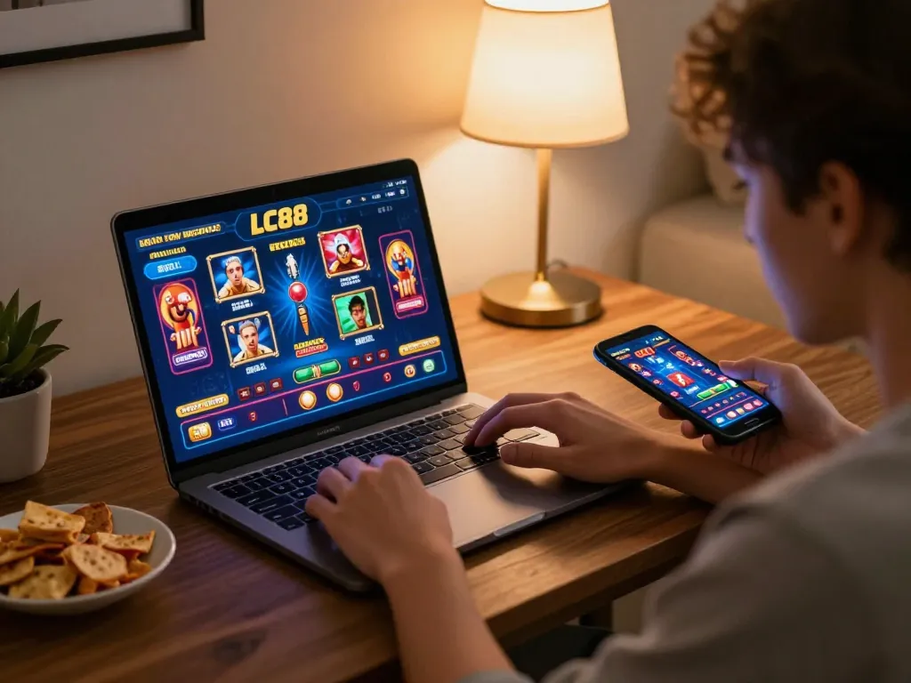 LC88 user engaging in responsible online gambling at home with vibrant game displays
