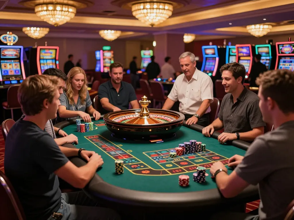Engaged players at a roulette table in u888 casino, vibrant scene showcasing excitement and strategy.
