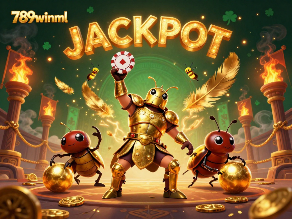 Engage with 789winml and witness a heroic beetle celebrating a big win in a grand casino setting.