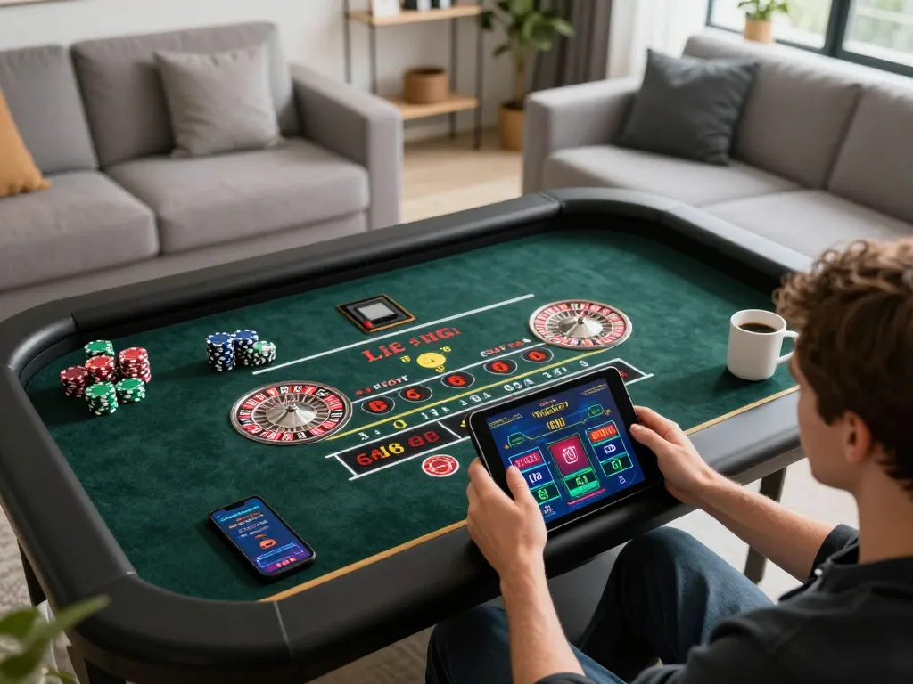 Player enjoying kkwin live dealer game on tablet in a cozy living room setting