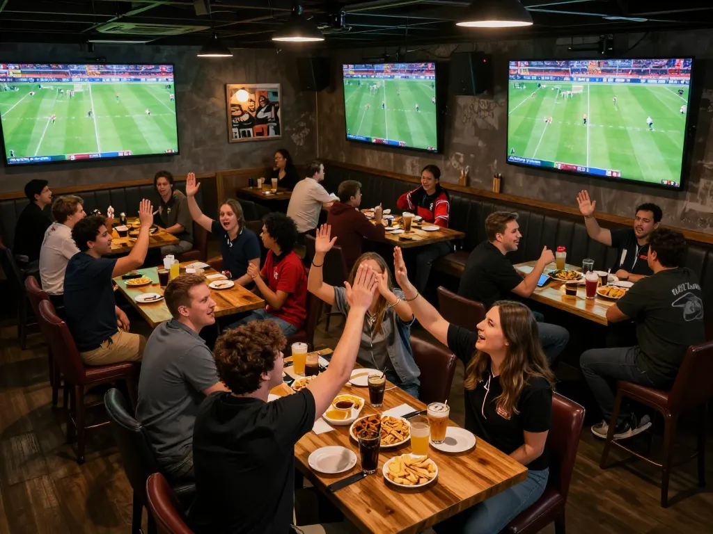 Fans cheering while watching trực tiếp bóng đá at a lively sports bar with large screens