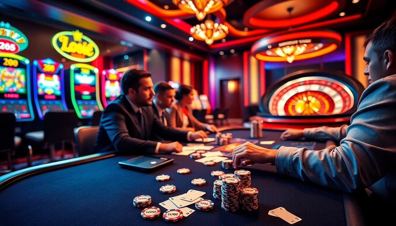 Lode88 players engaging at a professional poker table in a luxurious casino setting