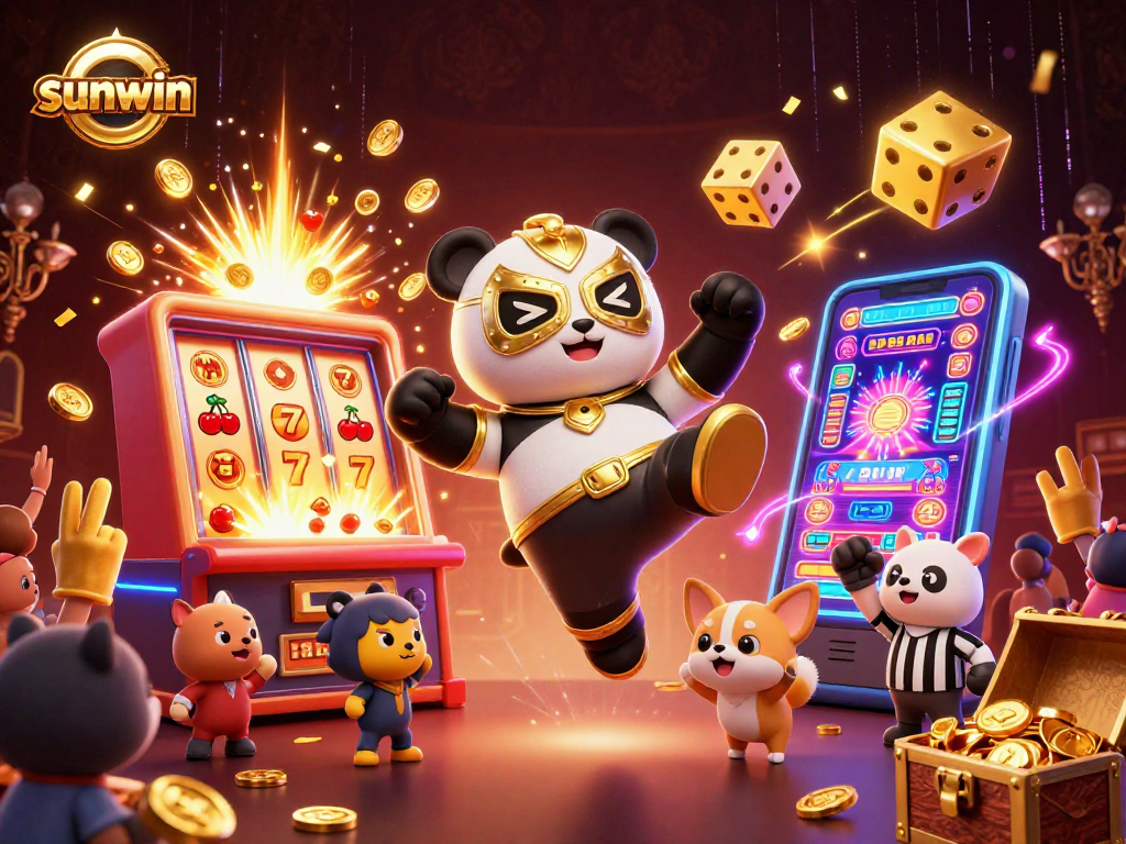 Step into the action with sunwin's lively casino scene featuring a panda wrestler and exciting game elements.
