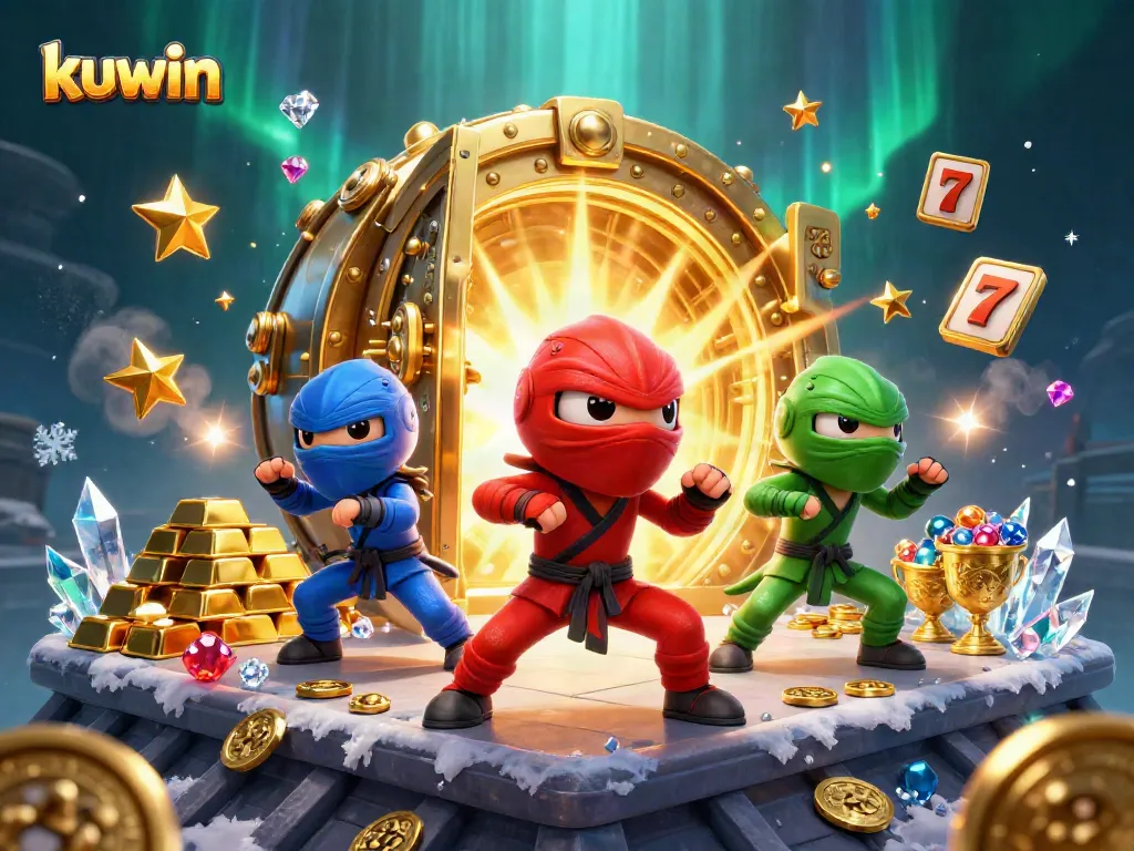 Kuwin's vibrant casino world comes alive with a ninja chameleon team amidst golden treasures and slot offers.