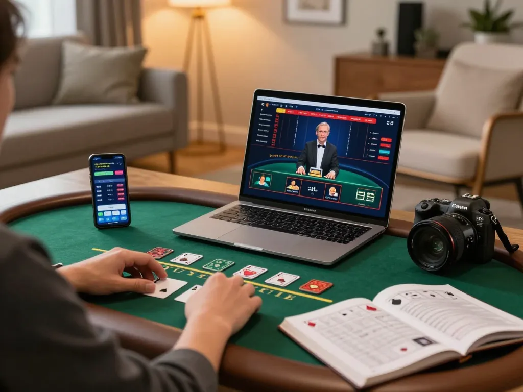 Engaging in live dealer blackjack on 98win with a stylish online setup and strategic notes.