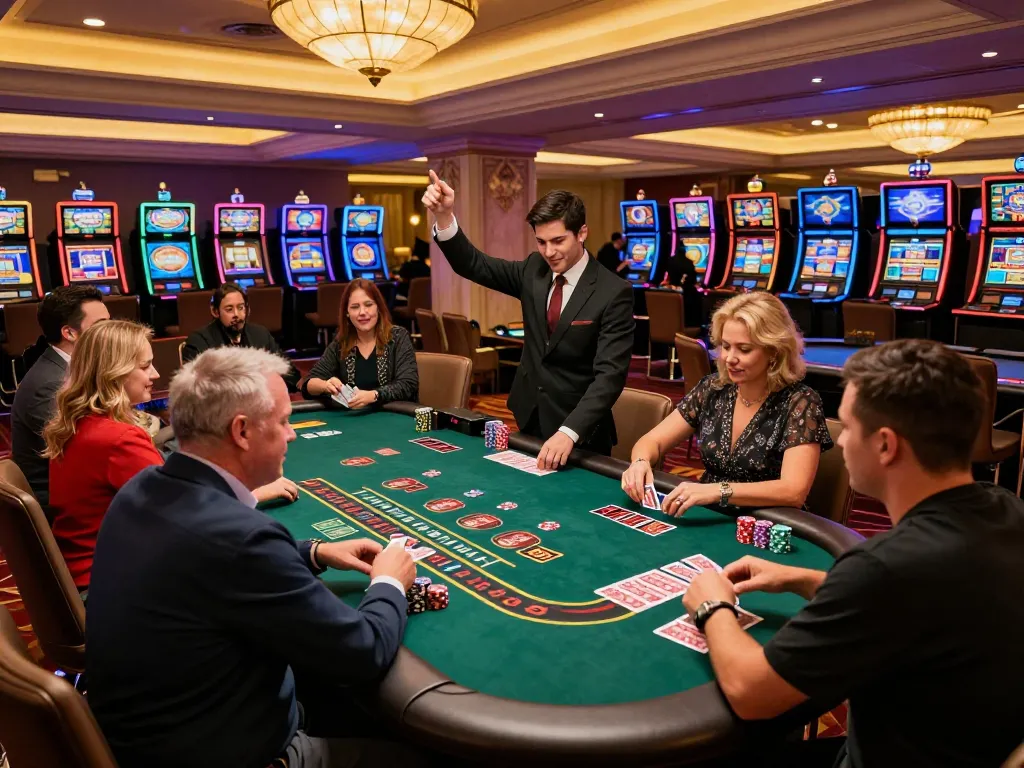 Players enjoying a strategic game of blackjack at TA88 casino, highlighting competitive atmosphere and vibrant decor.