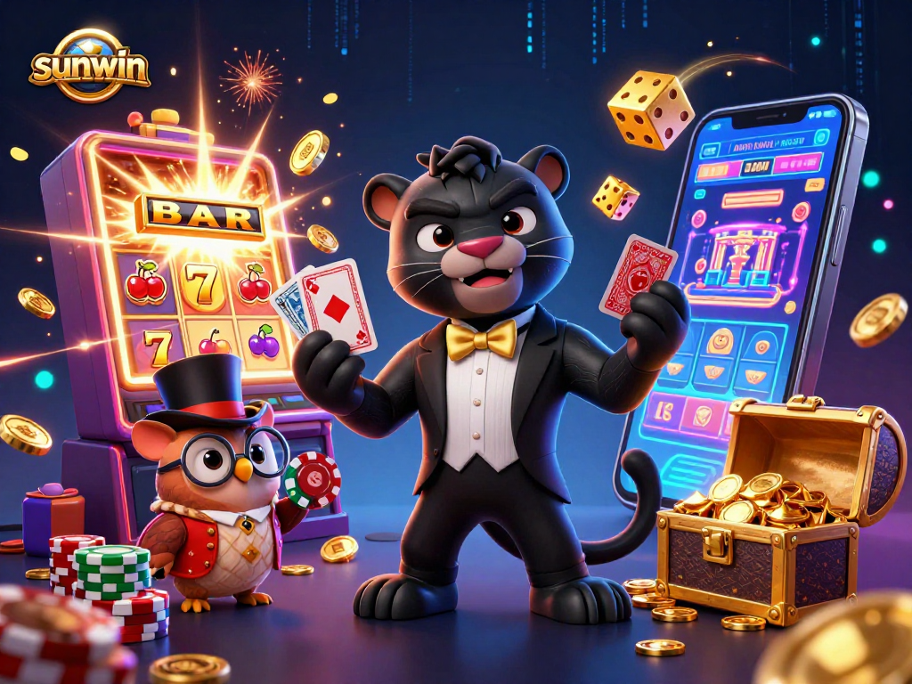 Experience the excitement of sunwin with a stylish panther, owl, and mouse at a lively casino scene.