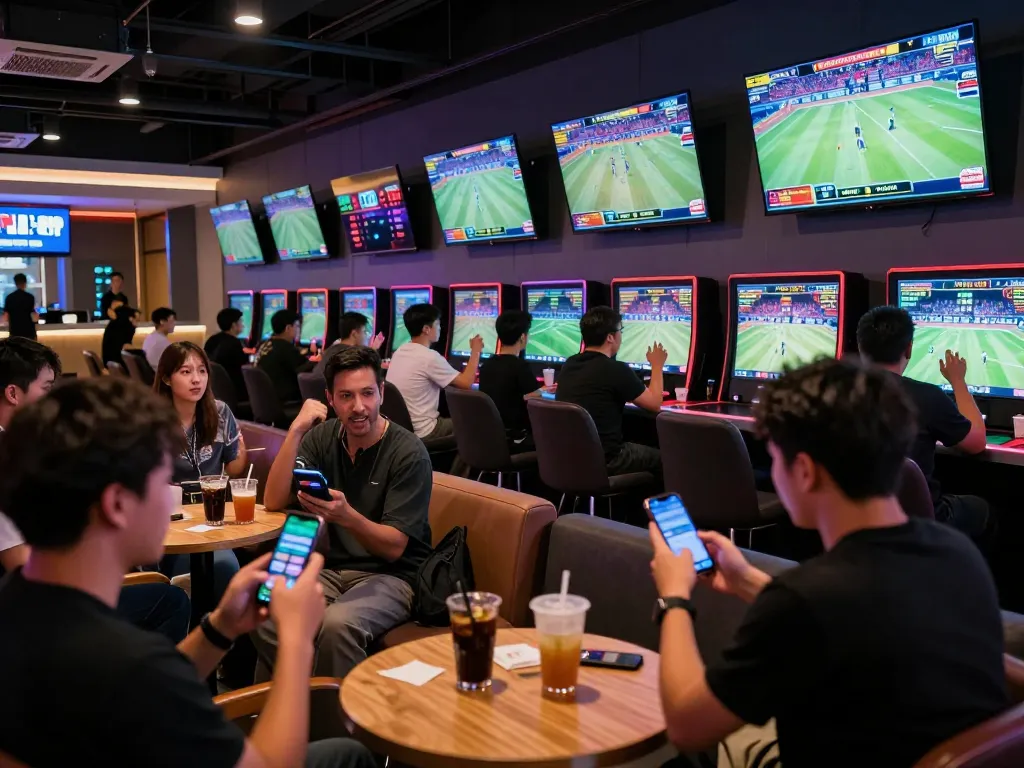 Engaged bettors using the 98win club app during live sporting events, excitement in the lounge