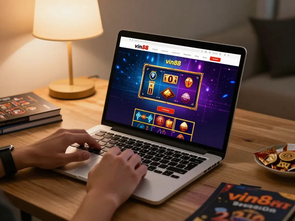 Person engaging in strategic betting on vin88 casino website in a cozy home office.