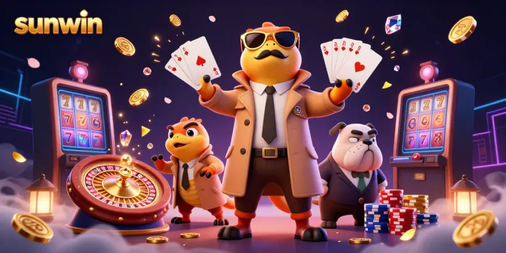 Experience the thrill of sunwin as raptors cleverly disguise themselves for casino entry, amidst sparkling gems and golden coins.