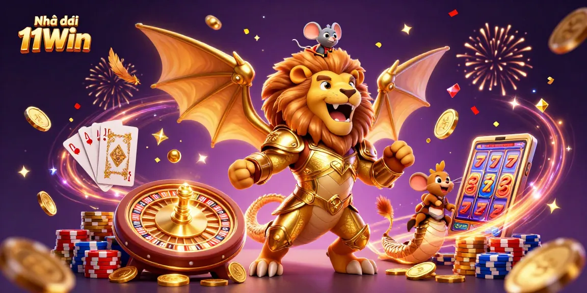 Experience the thrill of Nhà cái 11Win as a majestic chimera roars while a mouse jockey rides through a magical casino scene.