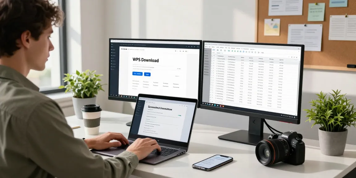 WPS Download page displayed on laptop in a modern workspace.