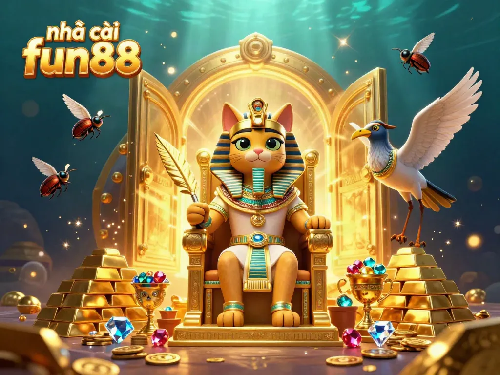 Engaging 3D illustration highlighting the nhà cái fun88 brand with Egyptian-themed casino elements, enhancing online gaming excitement.