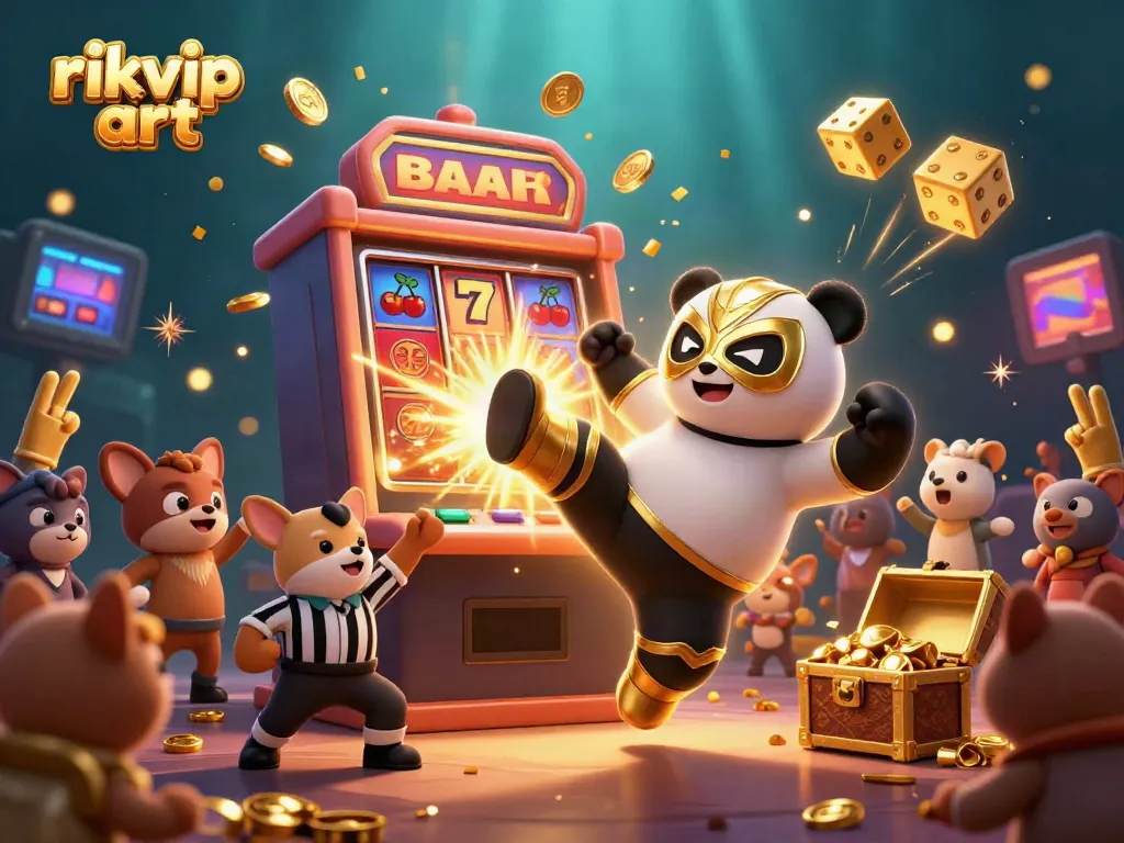 Experience rikvip art with vibrant 3D illustration of a panda wrestler kicking amidst a lively casino scene.