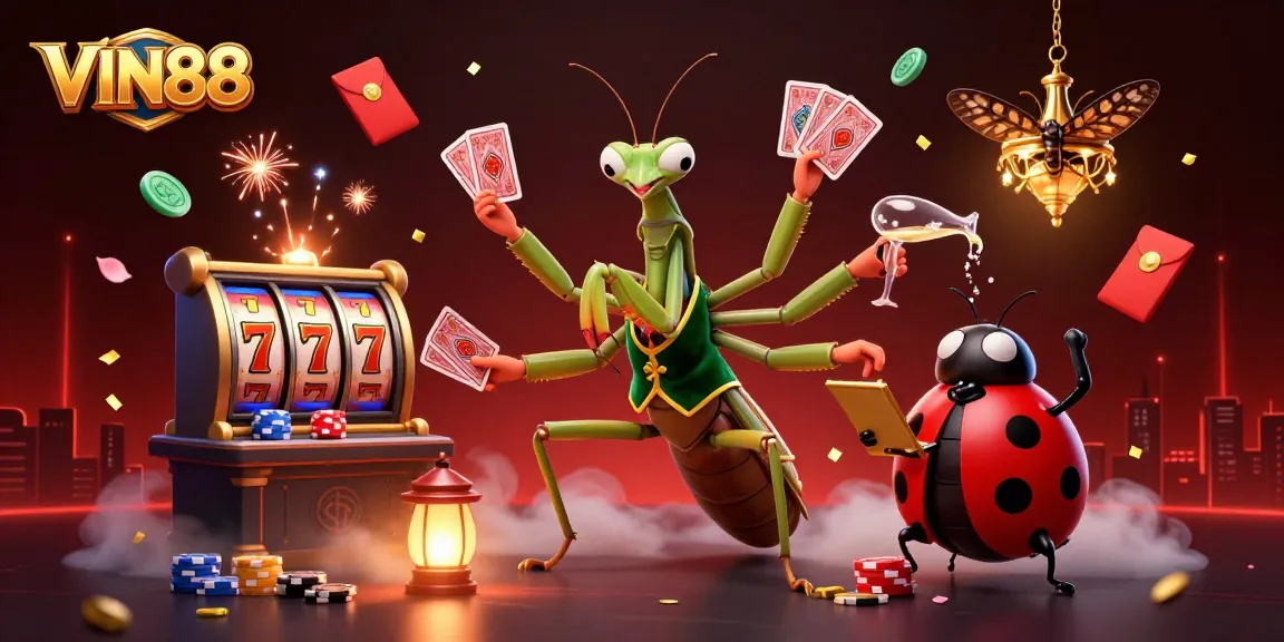 Engage with the exciting world of VIN88 as a giant praying mantis card sharp and ladybug pit boss create a vibrant casino atmosphere.