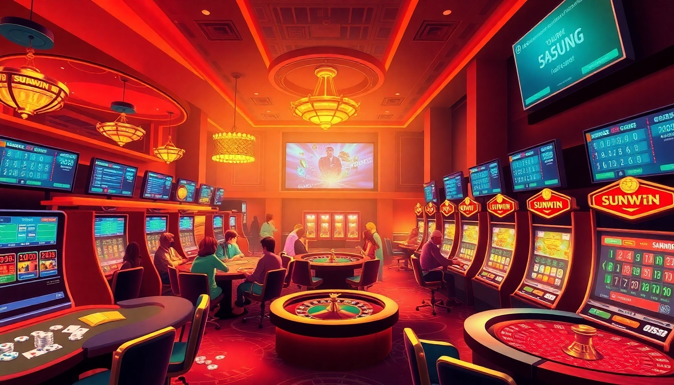 SUNWIN online gambling scene featuring players engaged in poker and roulette with vibrant casino atmosphere.