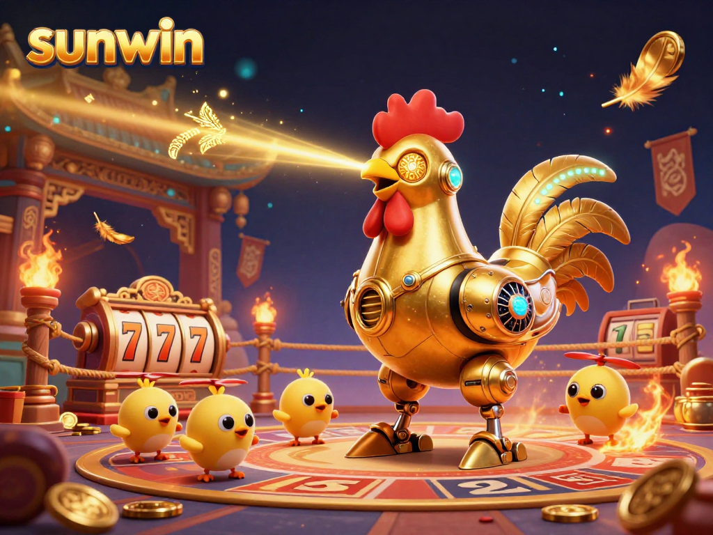 Engage in thrilling gameplay at sunwin with a dynamic casino scene featuring a futuristic golden rooster robot.