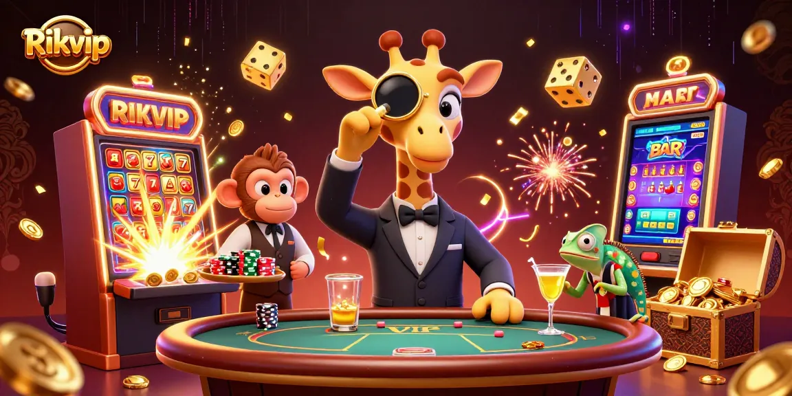 Rikvip showcases thrilling adventures in a vibrant 3D casino scene with rich colors and fun characters.