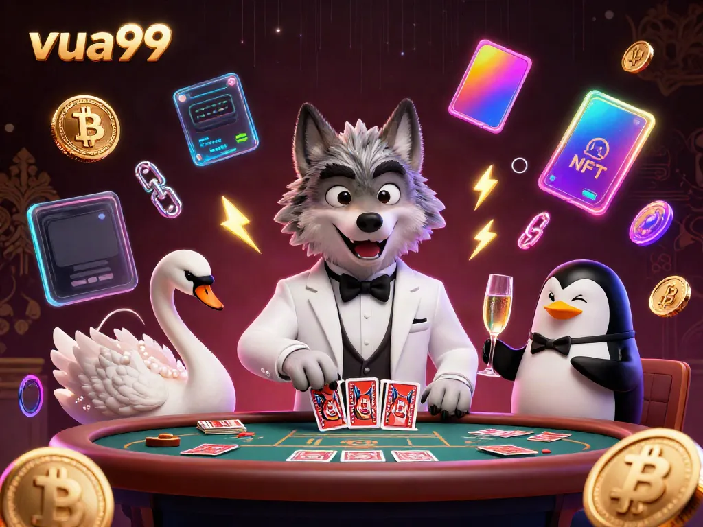 Engage in the vibrant world of vua99 with a 3D cartoon wolf at a baccarat table, luxury and gambling elements entwined.