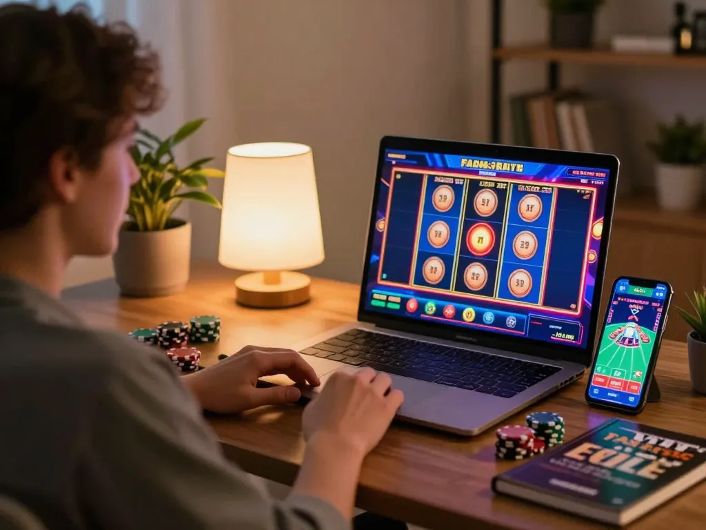 Engaging online gaming experience showcasing a winning slot spin, 5679 chips nearby.
