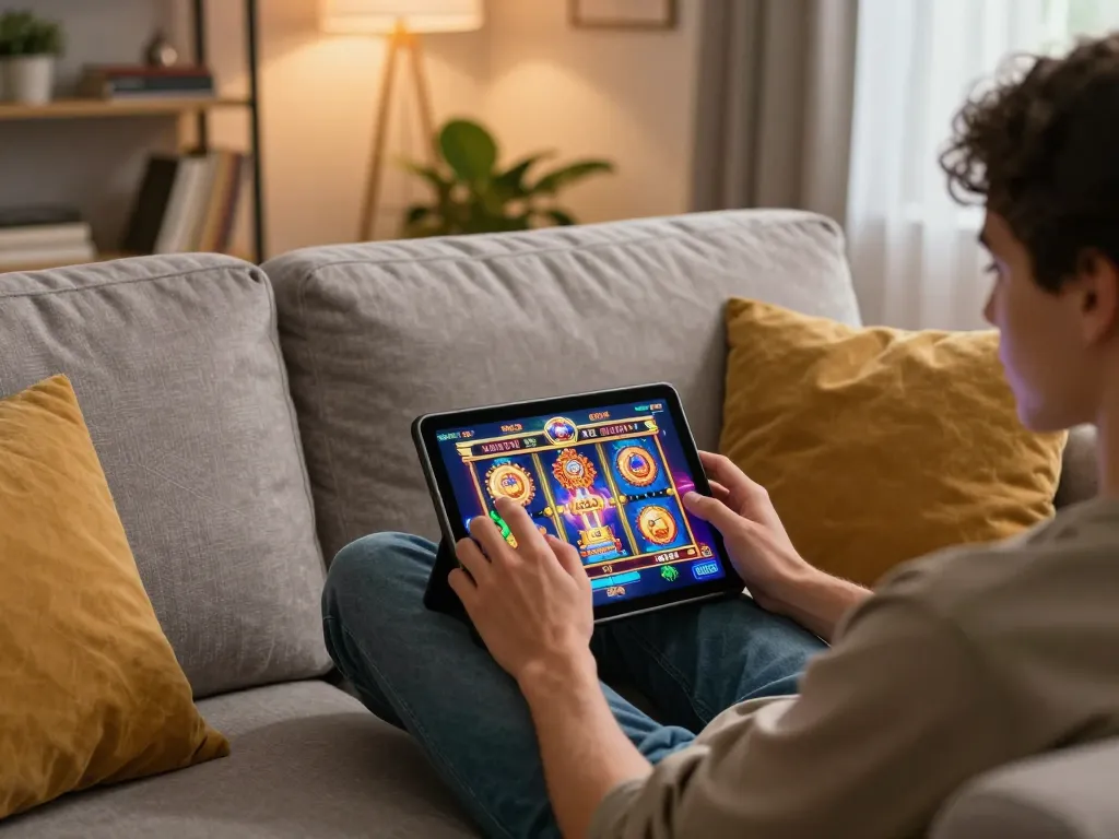 Engaging home gaming scene with vu88 slot game interface showcased on tablet.
