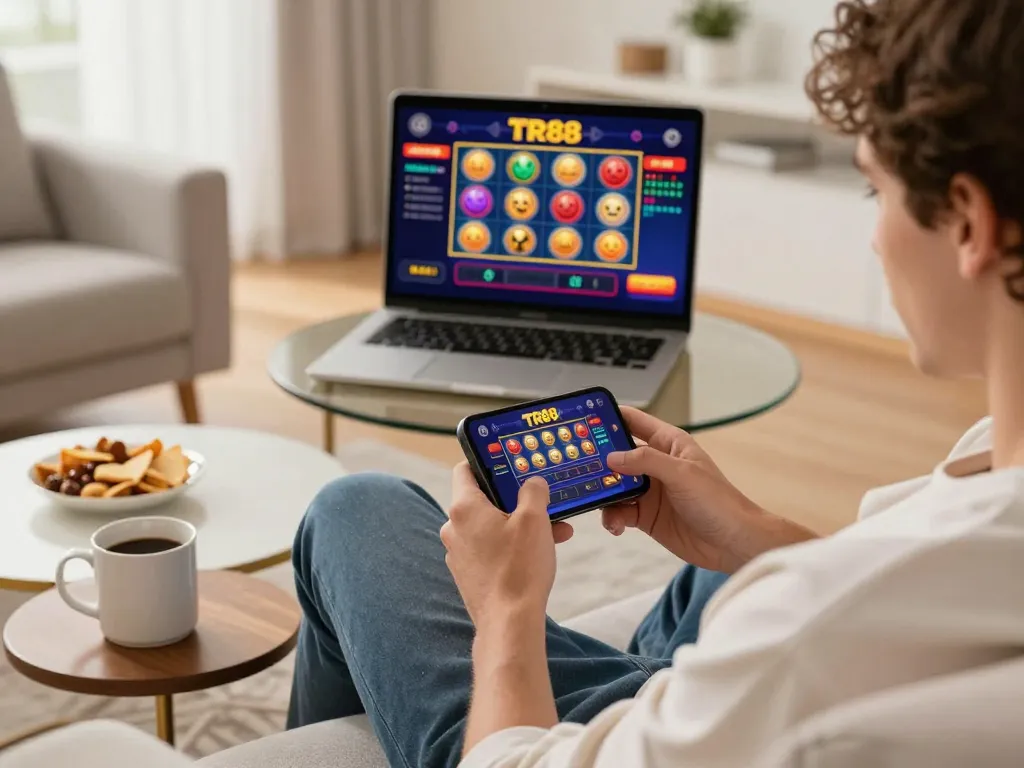 Player enjoying the TR88 casino app on smartphone with vibrant slots and games in a cozy home setting.