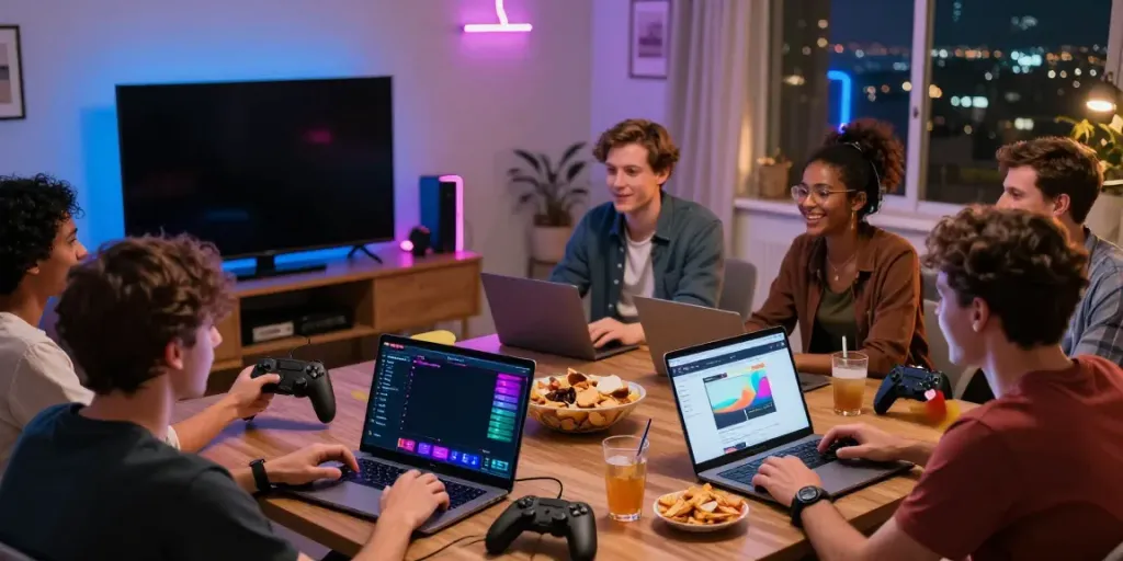 Friends enjoying gaming at home with FABET.com betting platform on screens, creating a lively atmosphere.