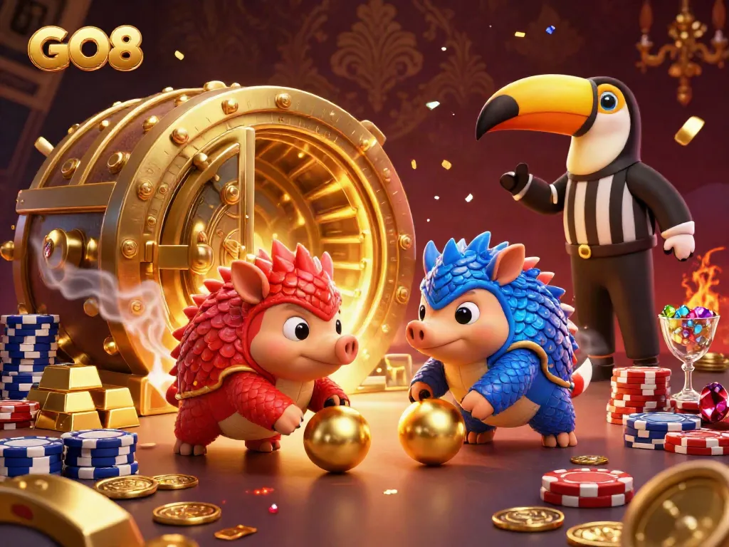 GO8 pangolins compete with golden treasures in a vibrant casino scene full of excitement.