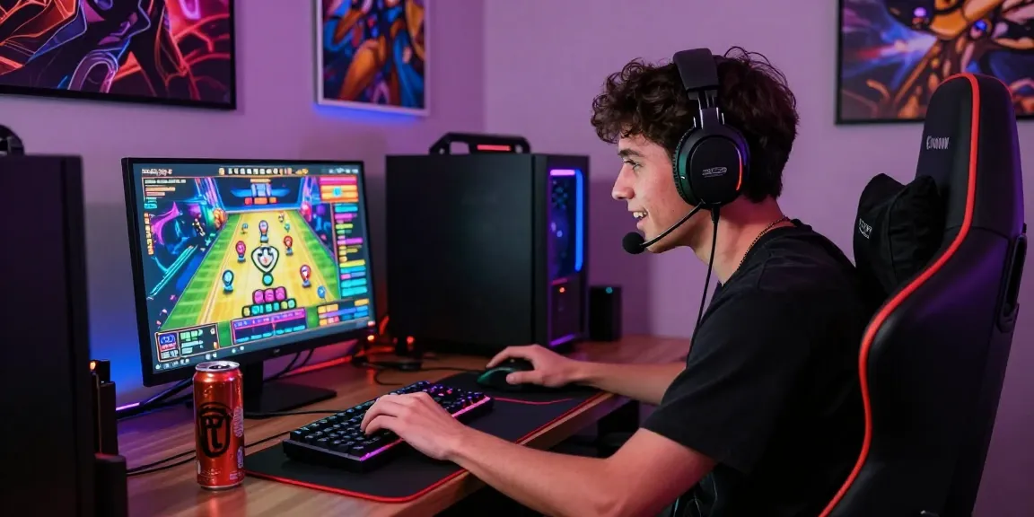 An excited gamer enjoying slot gacor on a vibrant gaming laptop with colorful lights and energetic atmosphere.