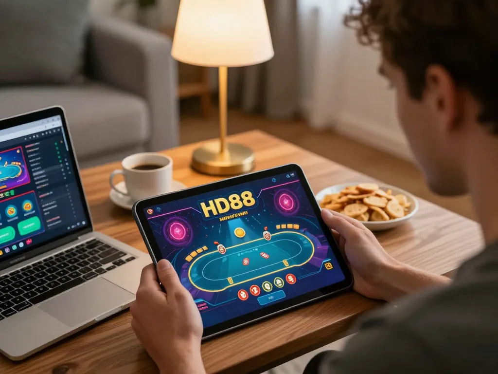A player engages with the HD88 platform for online poker, capturing a cozy home gaming scene.