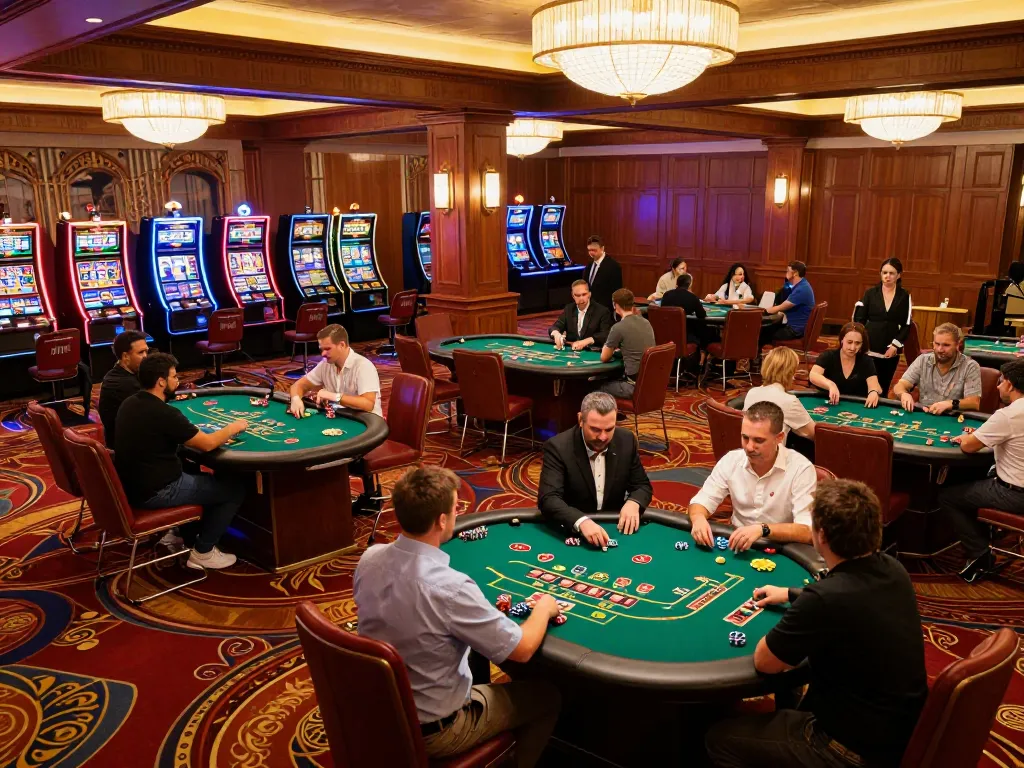 Intense gaming atmosphere at 77WIN casino floor with players engaged in poker.