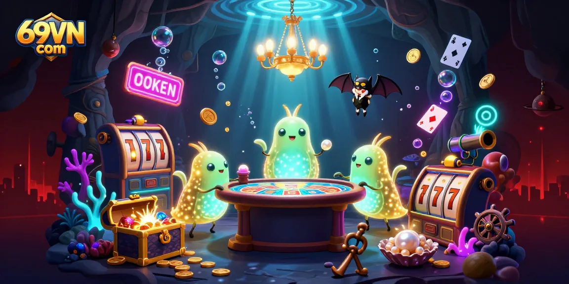 Experience the vibrant game elements at 69VN com with glowworms lighting up an immersive casino scene.