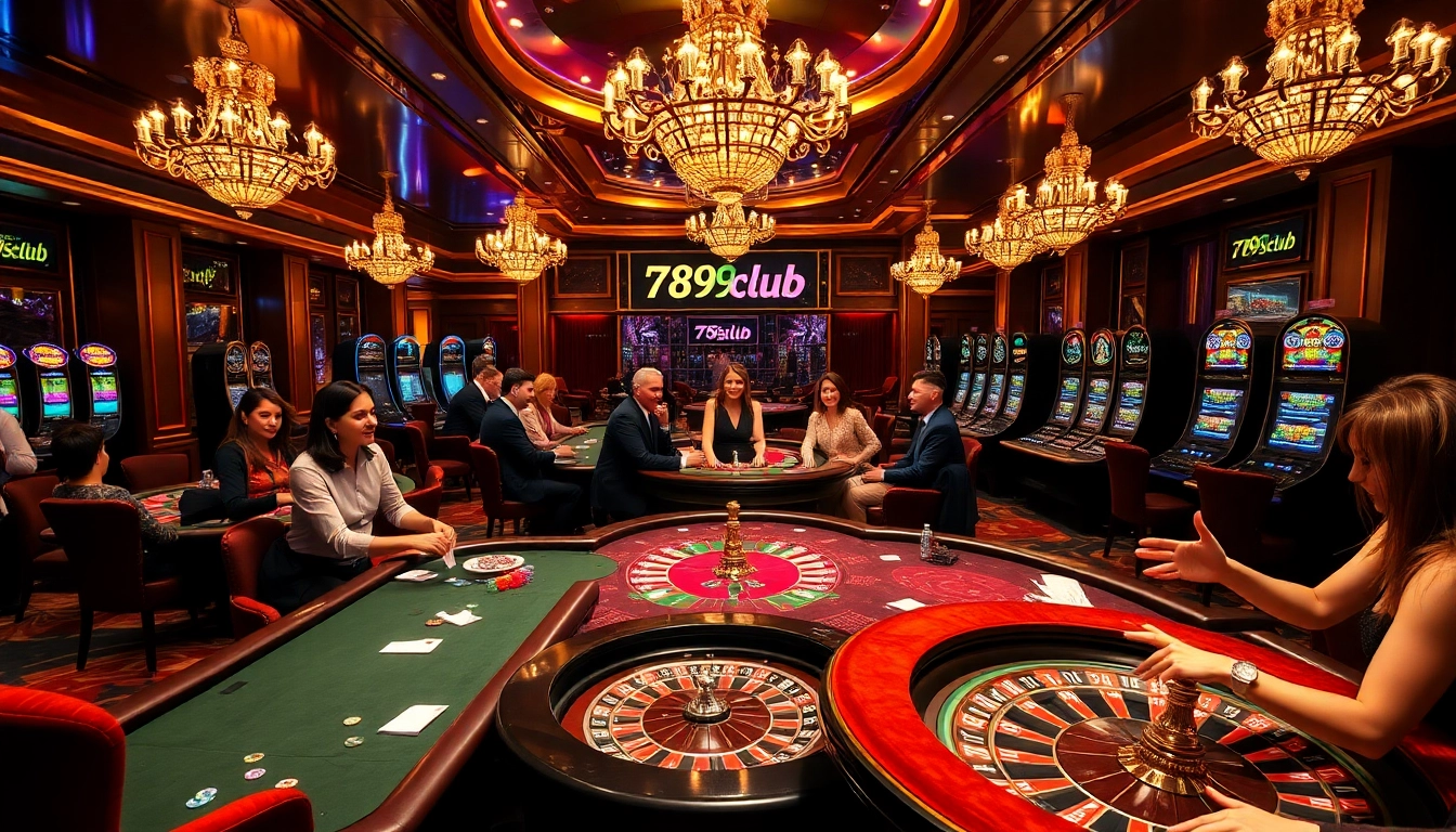 Players experience excitement at 789club casino with poker games and vibrant slot machines.