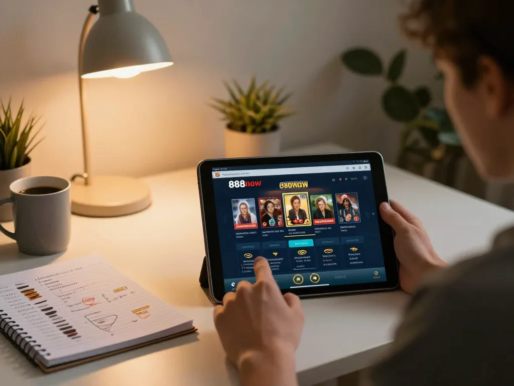 Engaging in online gambling with 888now as the player strategizes in a cozy home environment.