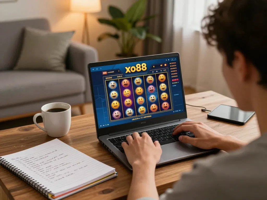 Player engaging with the xo88 online slots interface, showcasing a cozy home gaming atmosphere.
