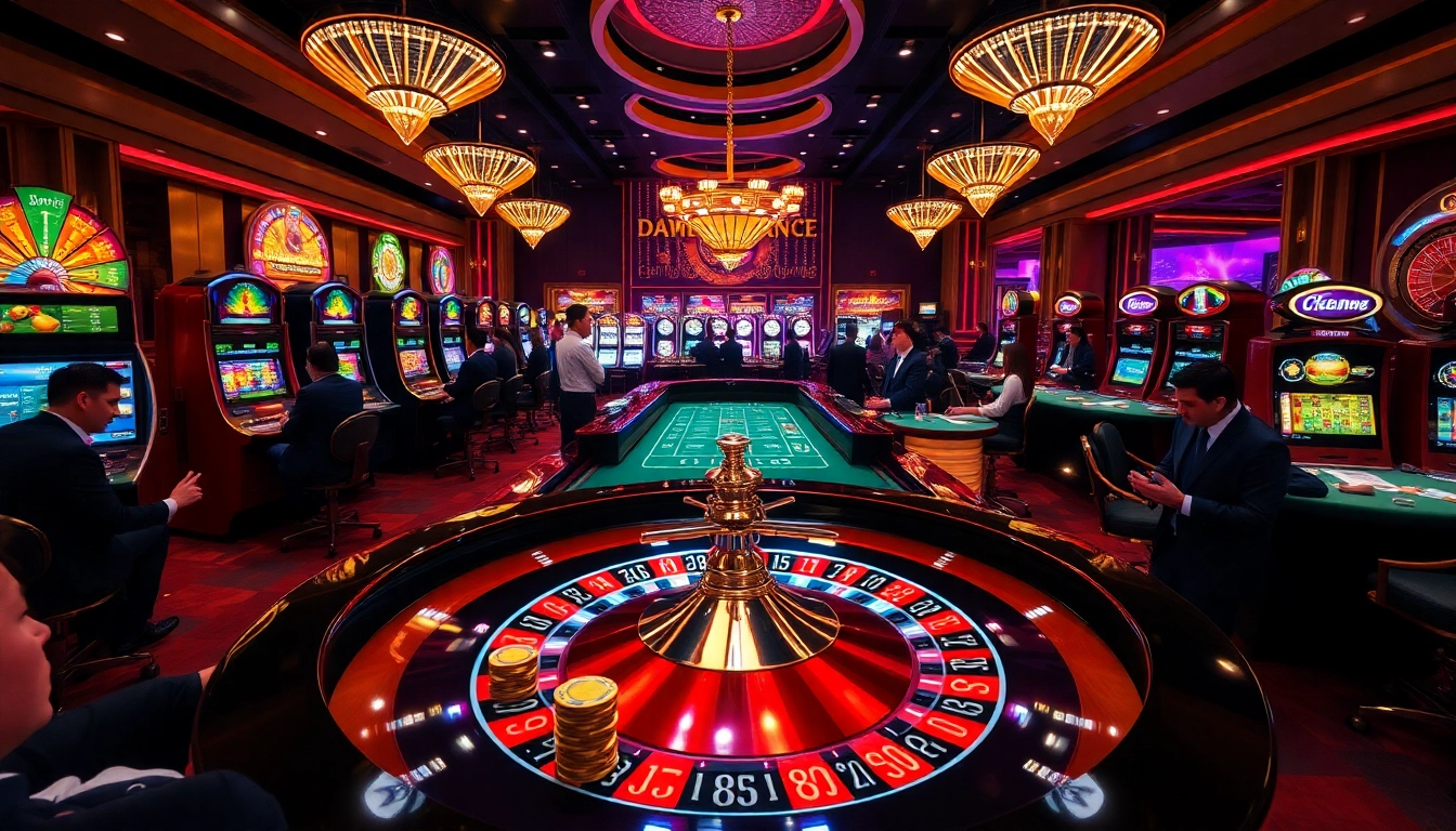 Dabet casino scene showcasing players enjoying poker, roulette, and slot machines in a luxurious setting.