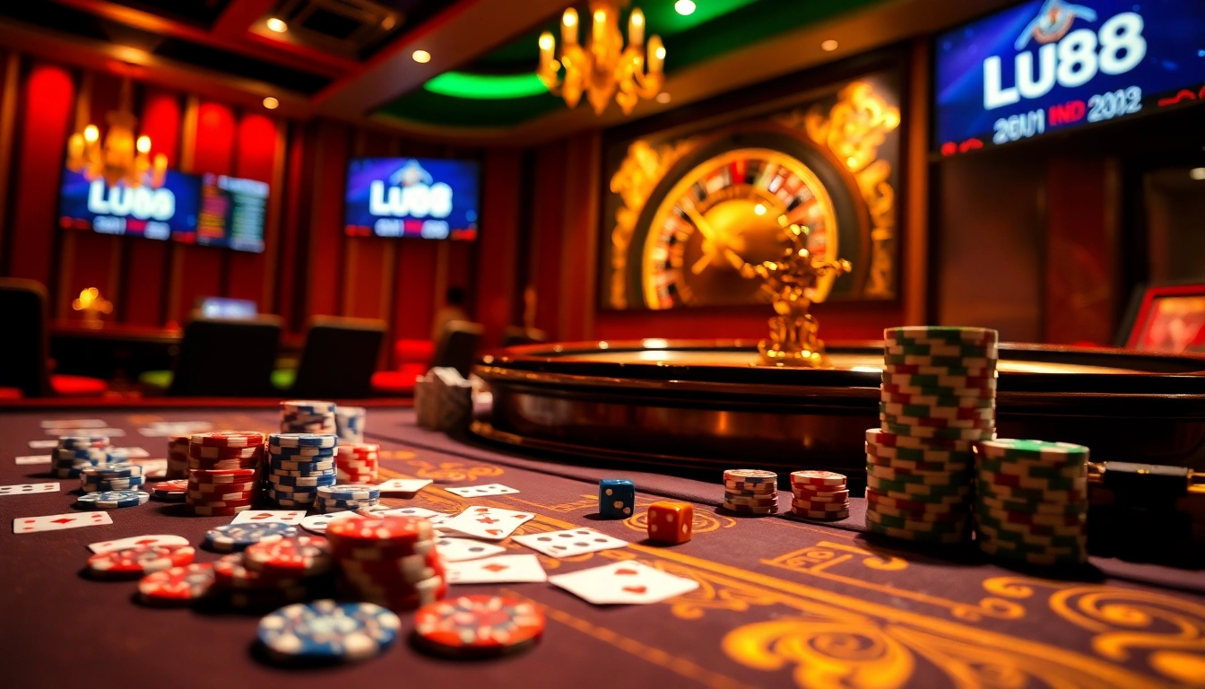 Experience the thrill of gambling at Lu88 with rich casino visuals, showcasing games and excitement.