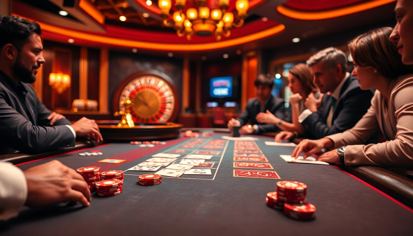 Engaged gamblers strategizing at the debet poker table, surrounded by vibrant casino elements.