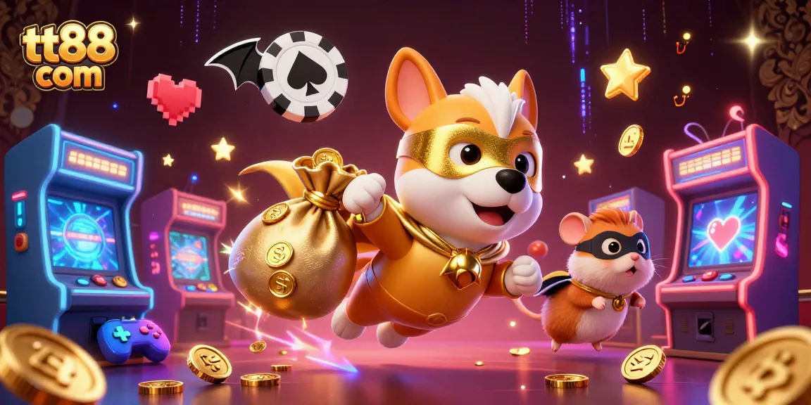 Watch the tt88 com superhero dog fly with gold coins in a dynamic casino adventure scene.