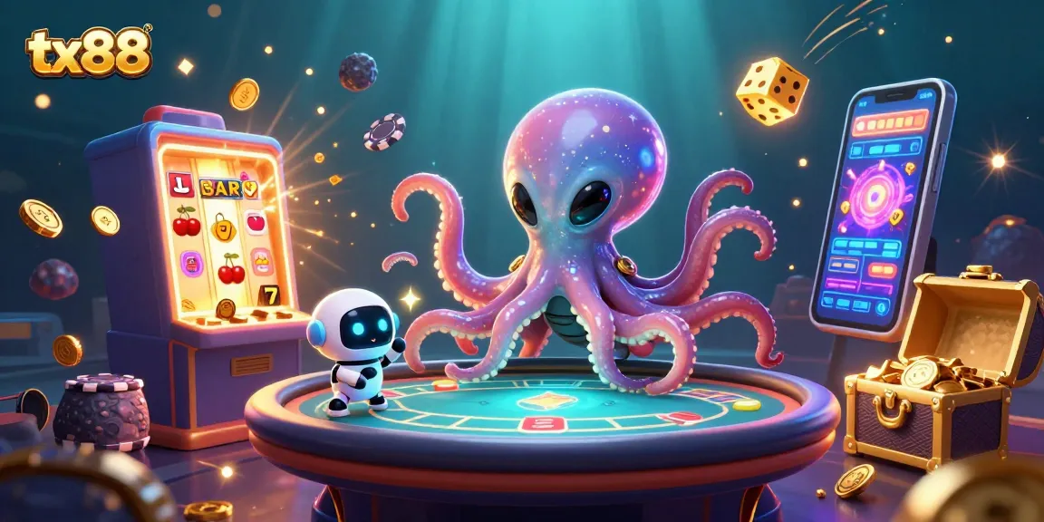 Experience thrilling gameplay with tx88's alien octopus masterfully dealing cards at a holographic poker table.