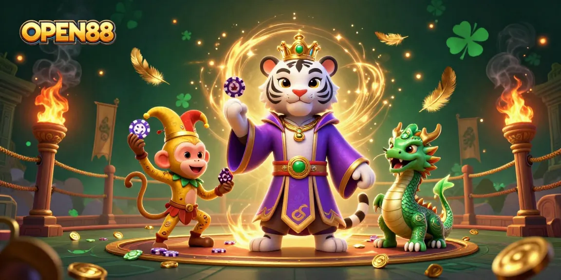 Experience excitement with OPEN88's dynamic casino scene featuring a royal tiger, monkey, and jade dragon.