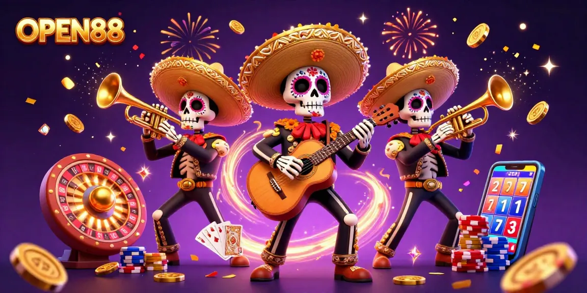 Spin to win at OPEN88 with a vibrant mariachi band celebrating gambling excitement and jackpots.